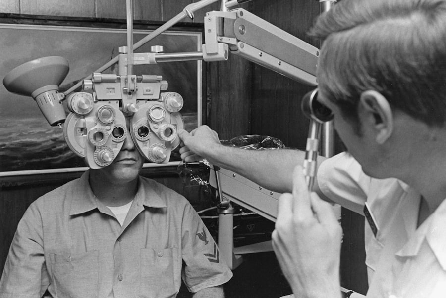 Refraction test with a phoropter at the clinic