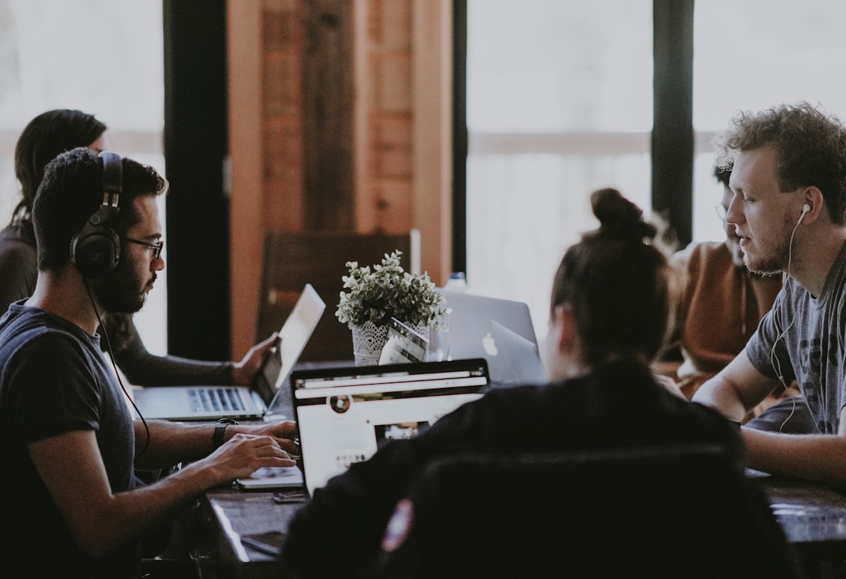 A team working together at a shared table