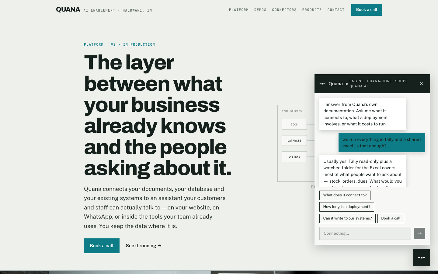 The Quana platform page — this page — with its own chat assistant open, answering a question about connecting to Tally