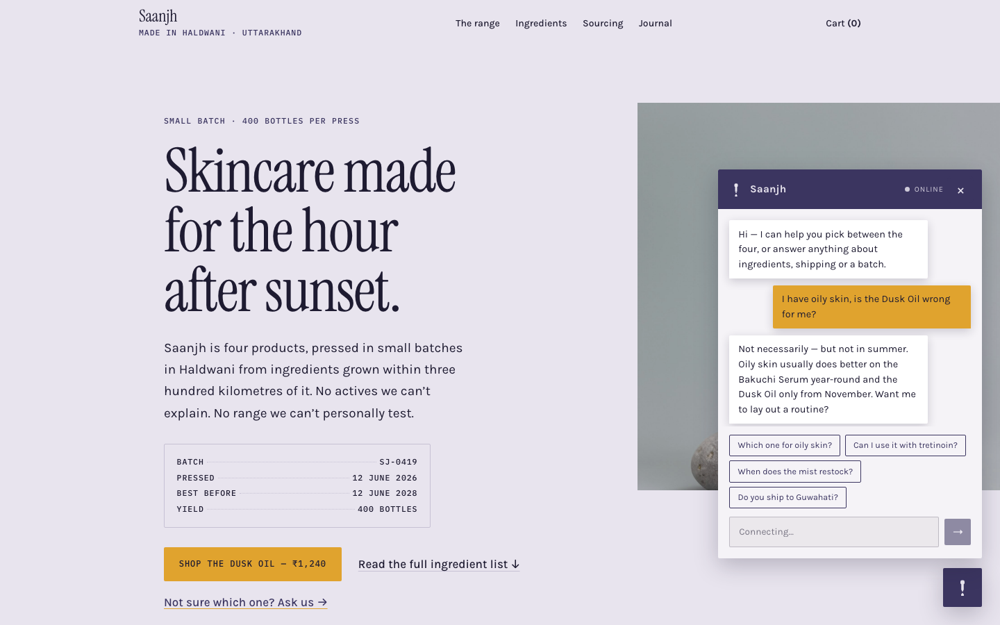 The Saanjh skincare demo site with the Quana chat assistant open, discussing which oil suits oily skin