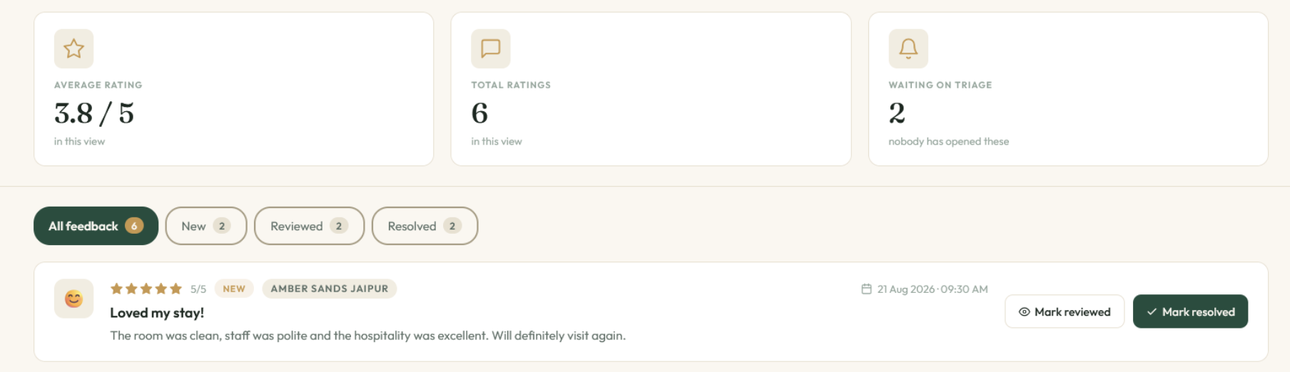 The feedback inbox showing an in-stay rating with a written comment.