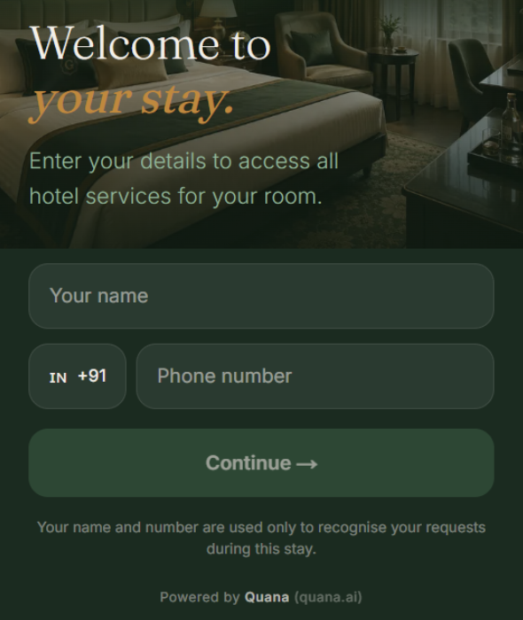 Inavo guest portal on a phone, showing the room context and the list of requestable services