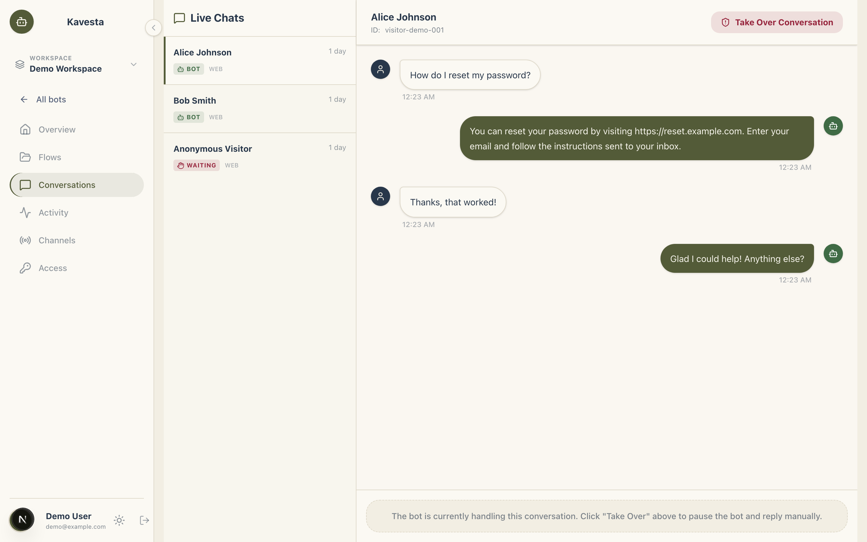 The conversations view: three live chats, one open showing a customer asking how to reset their password and the bot answering, with a Take Over Conversation control in the header.