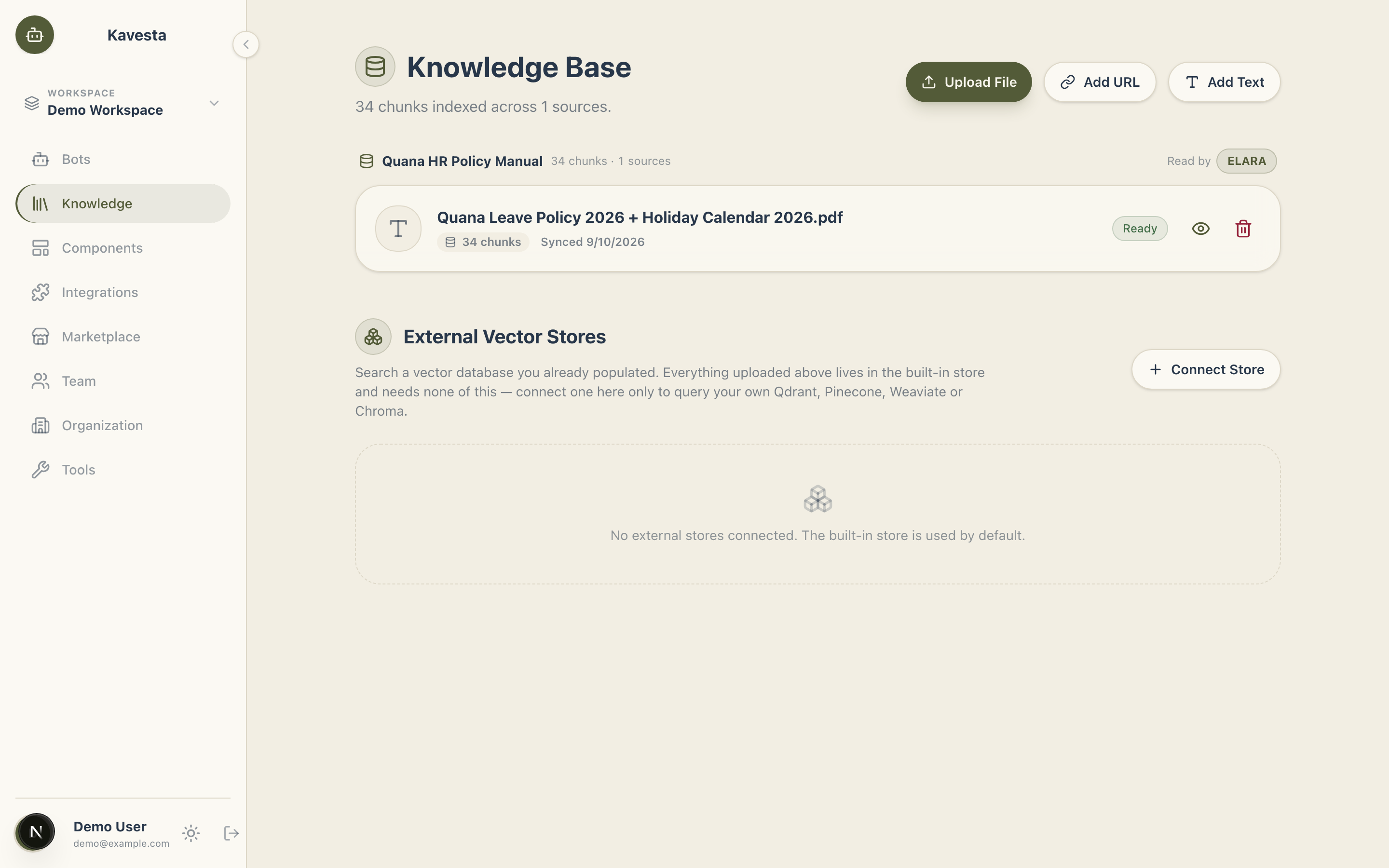 The knowledge area of a workspace, where the documents an assistant answers from are kept and indexed.