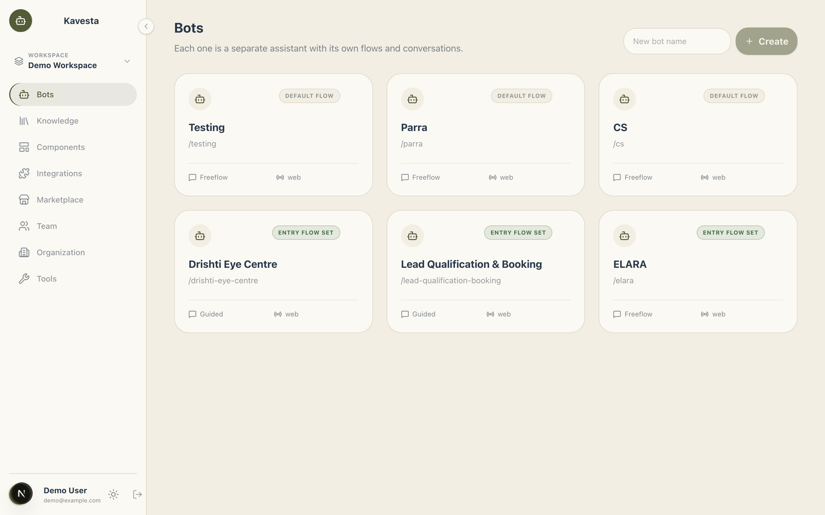 The bots list in a workspace: six assistants, each with its own path, flow mode and channel.